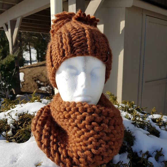 Knitted Hat and Scarf, wool made winter set, cinnamon - Picture 3 of 7